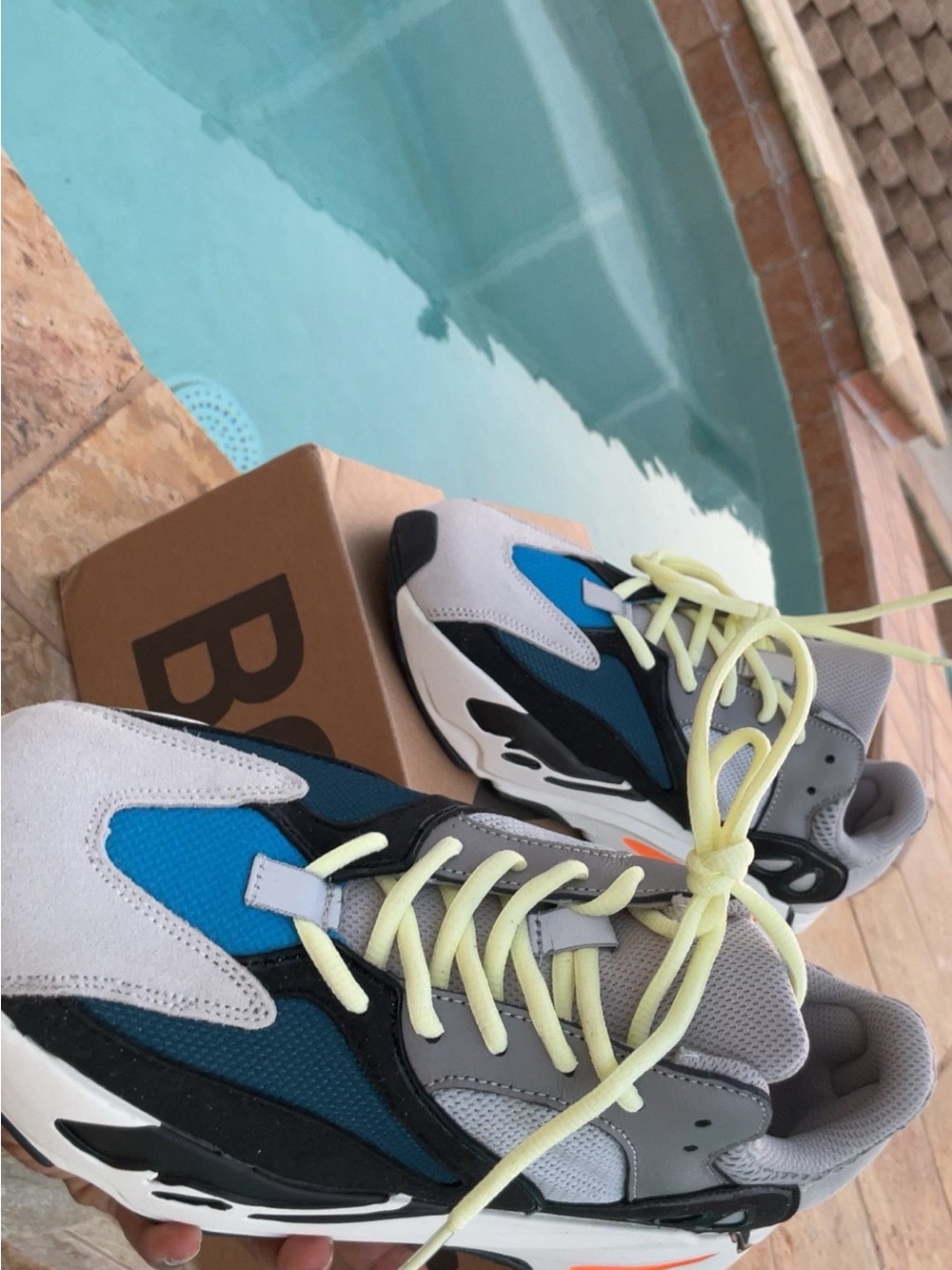 Yeezy Wave Runner Style Sneakers in Blue, Gray and Black with Neon Laces